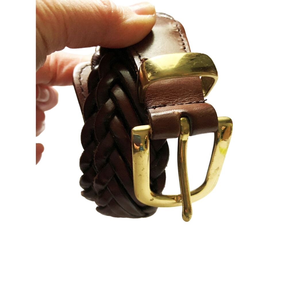 Womens Brown Genuine Leather Braided Belt Brass Buckle Size 40 Z19